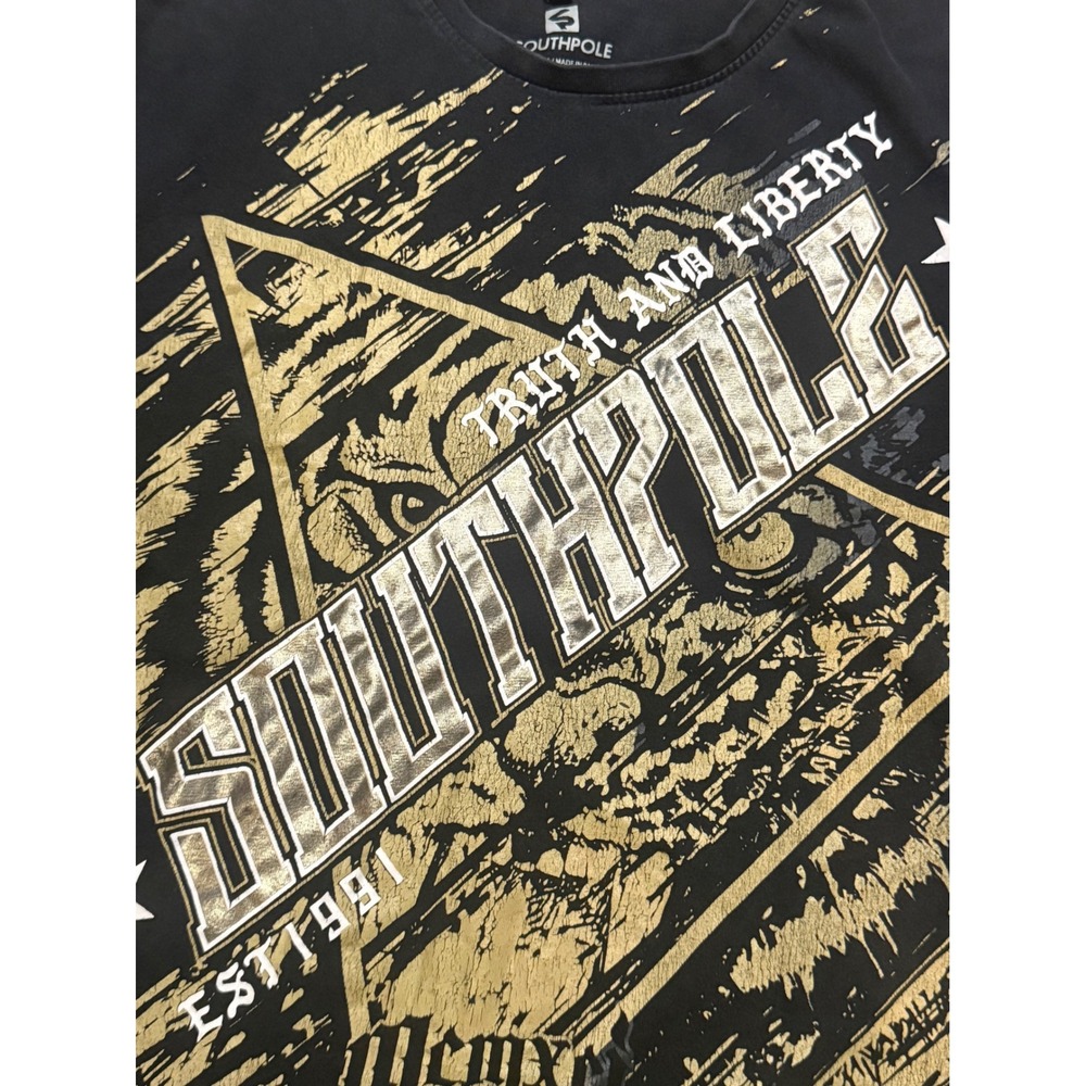 Southpole Mens Graphic T Shirt Black‎ Gold Print Short Sleeve Cotton XXL